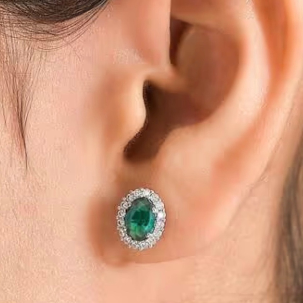 Emerald spinel oval moissanite, Sterling silver 925 studded earrings